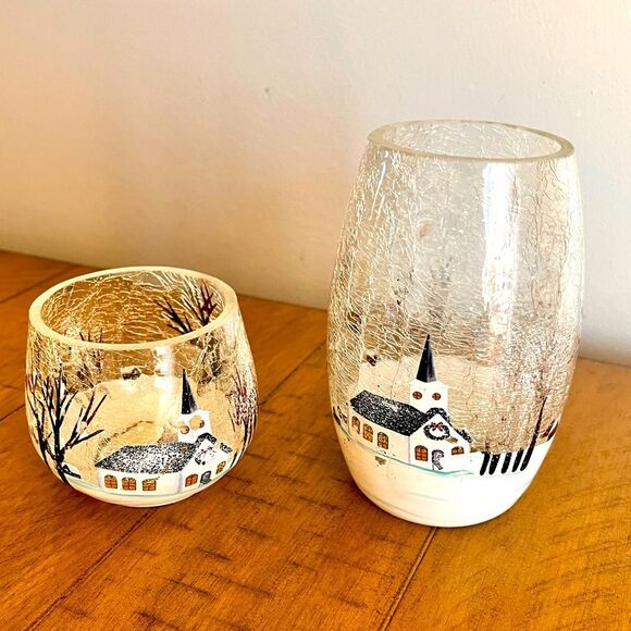 Christmas Crackled Glass Candle Holders Vase Winter scene Hand Painted - Picture 1 of 9